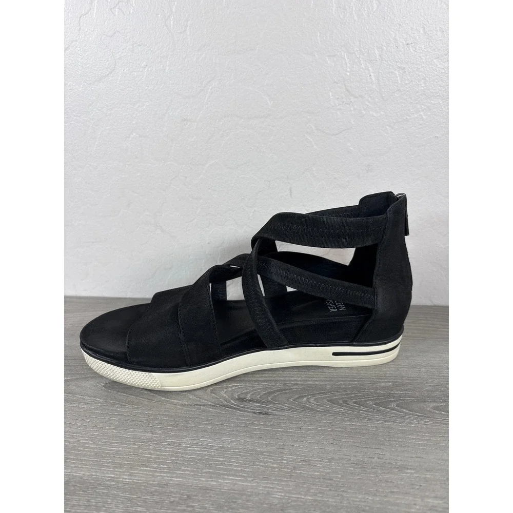Eileen Fisher Skill Tumbled Sneaker Sandals Black Nubuck Elastic Strappy Zip 7.5